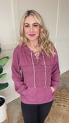 Berry Cashmere Hoodie With Animal Print Lace Up Detail