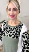 Color Block Long Sleeve Top In Sage & Leopard