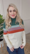 Striped Mock Neck Sweater in Cream, Green, Purple & Rust