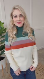 Striped Mock Neck Sweater in Cream, Green, Purple & Rust
