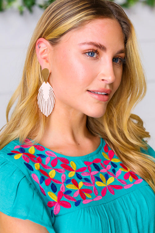 Blush & Gold Leather Fringe Feather Earrings - Maple Row Boutique 