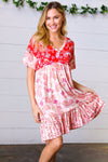 Red & Blush Floral Paisley Ruffle Hem Pocketed Dress - Maple Row Boutique 