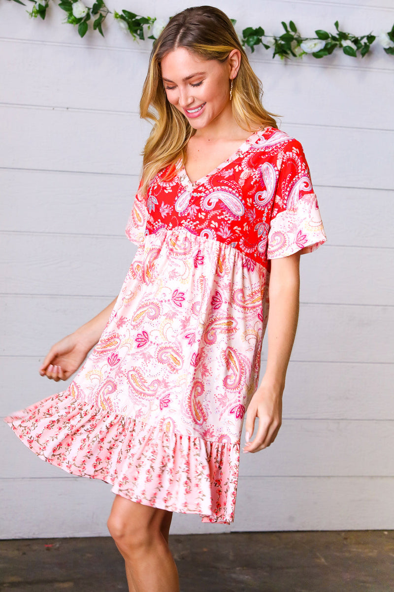 Red & Blush Floral Paisley Ruffle Hem Pocketed Dress - Maple Row Boutique 
