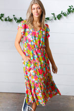 Multicolor Floral Boho Elastic Waist Ruffle Midi Dress - Maple Row Boutique 