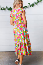 Multicolor Floral Boho Elastic Waist Ruffle Midi Dress - Maple Row Boutique 