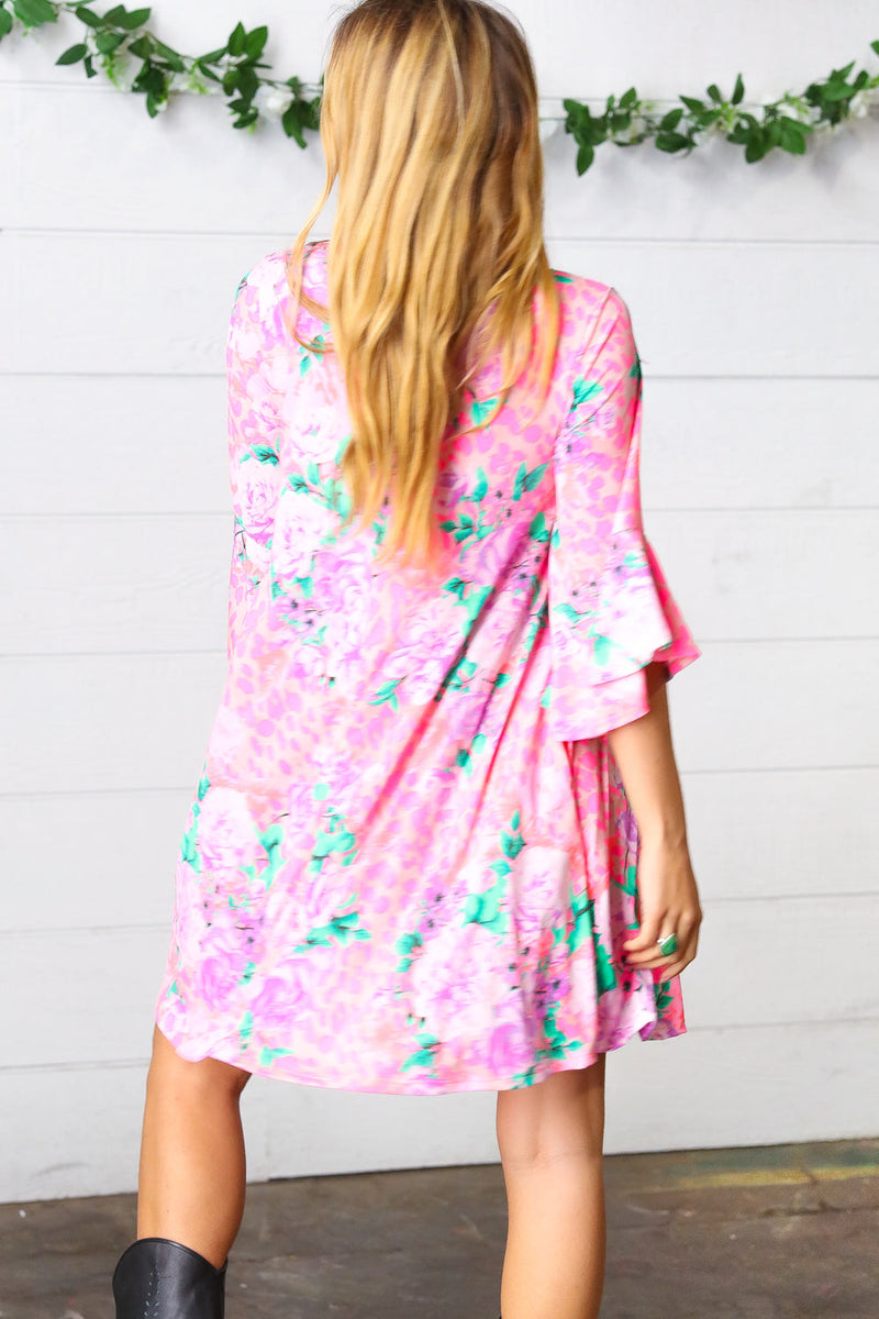 Pink Floral & Animal Print Bell Sleeve Dress - Maple Row Boutique 
