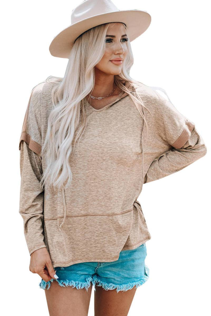 Waffle Patchwork V Neck Pullover Knit Hoodie - Maple Row Boutique 