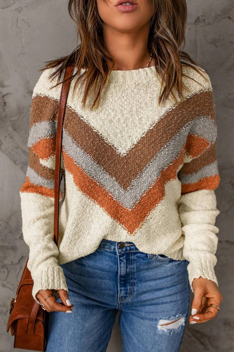 Chevron Striped Drop Shoulder Sweater - Maple Row Boutique 
