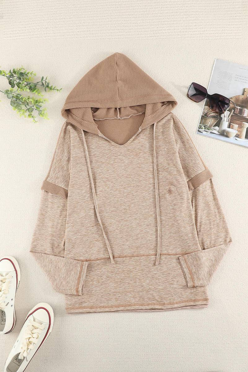 Waffle Patchwork V Neck Pullover Knit Hoodie - Maple Row Boutique 