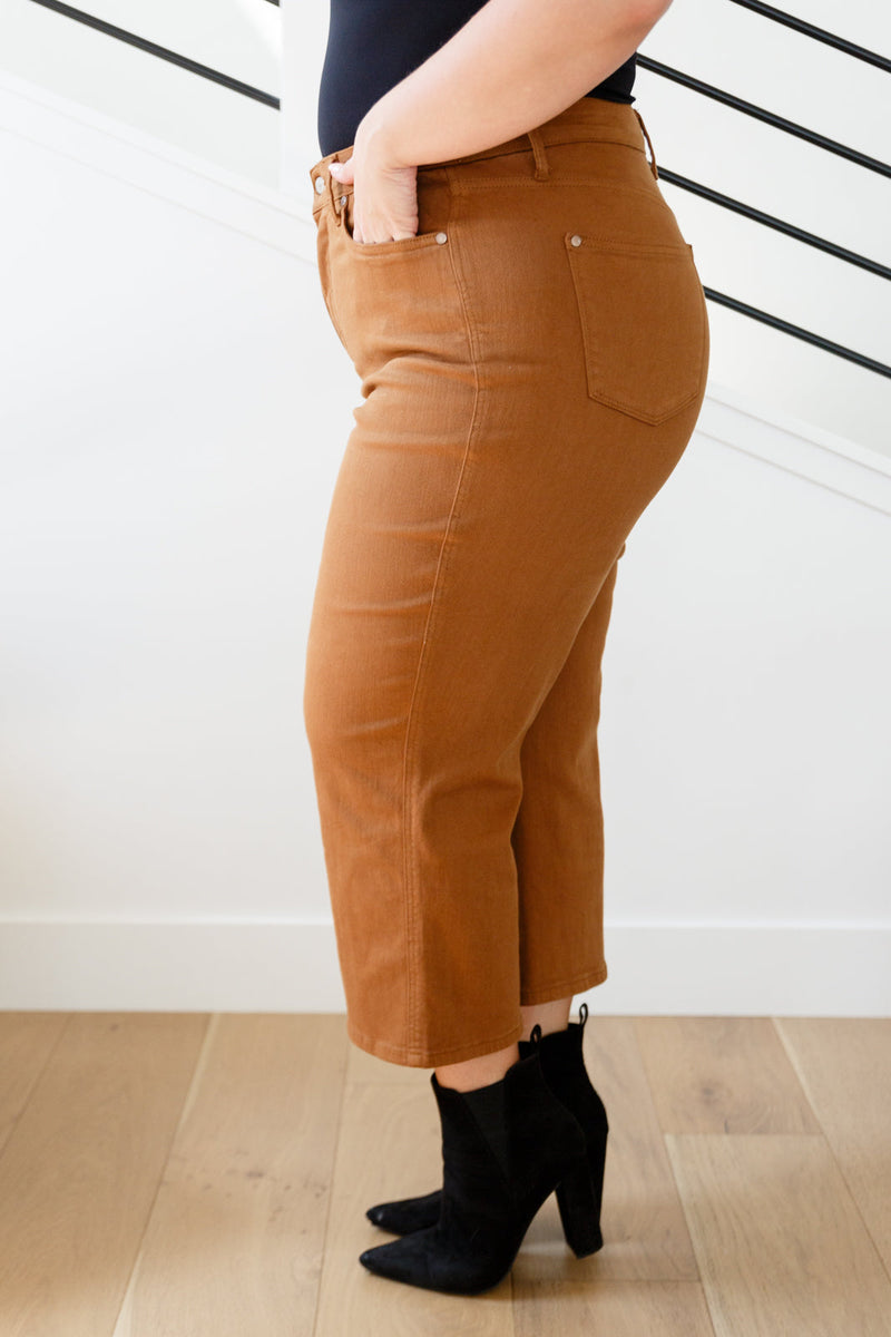 Briar High Rise Control Top Wide Leg Crop Jeans in Camel - Maple Row Boutique 