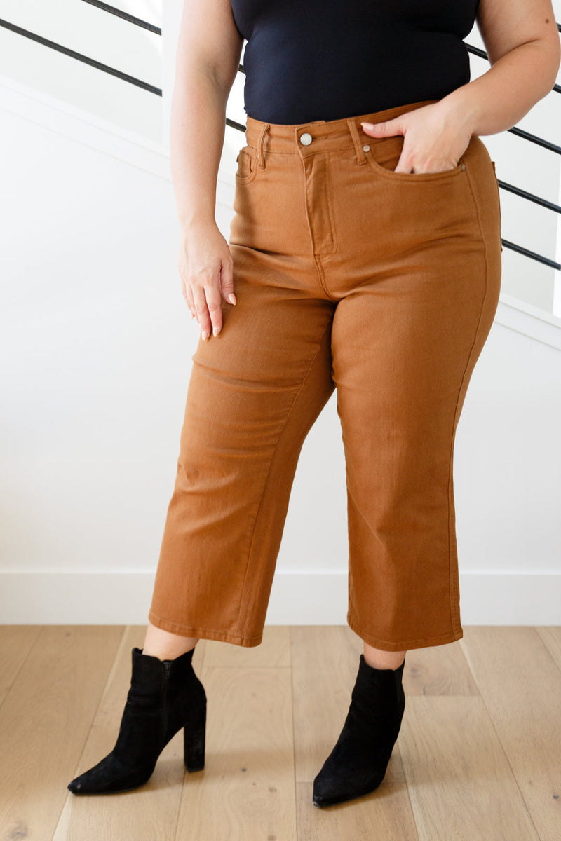 Briar High Rise Control Top Wide Leg Crop Jeans in Camel - Maple Row Boutique 