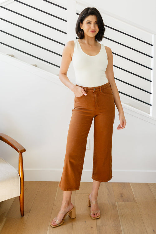 Briar High Rise Control Top Wide Leg Crop Jeans in Camel - Maple Row Boutique 