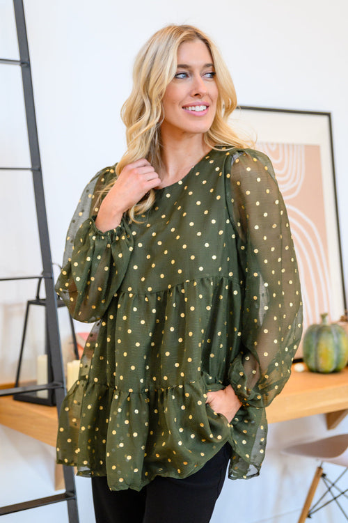 Coya Metallic Dot Tiered Blouse in Olive - Maple Row Boutique 