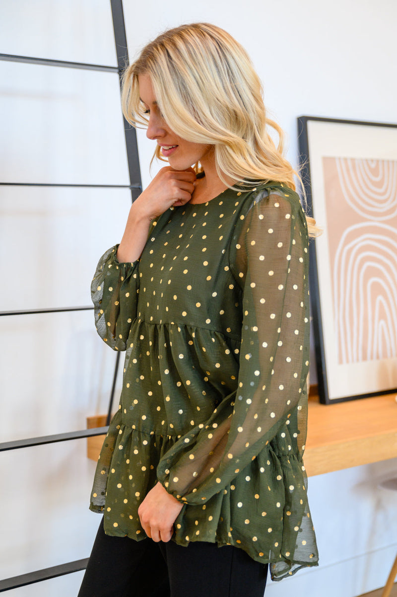 Coya Metallic Dot Tiered Blouse in Olive - Maple Row Boutique 