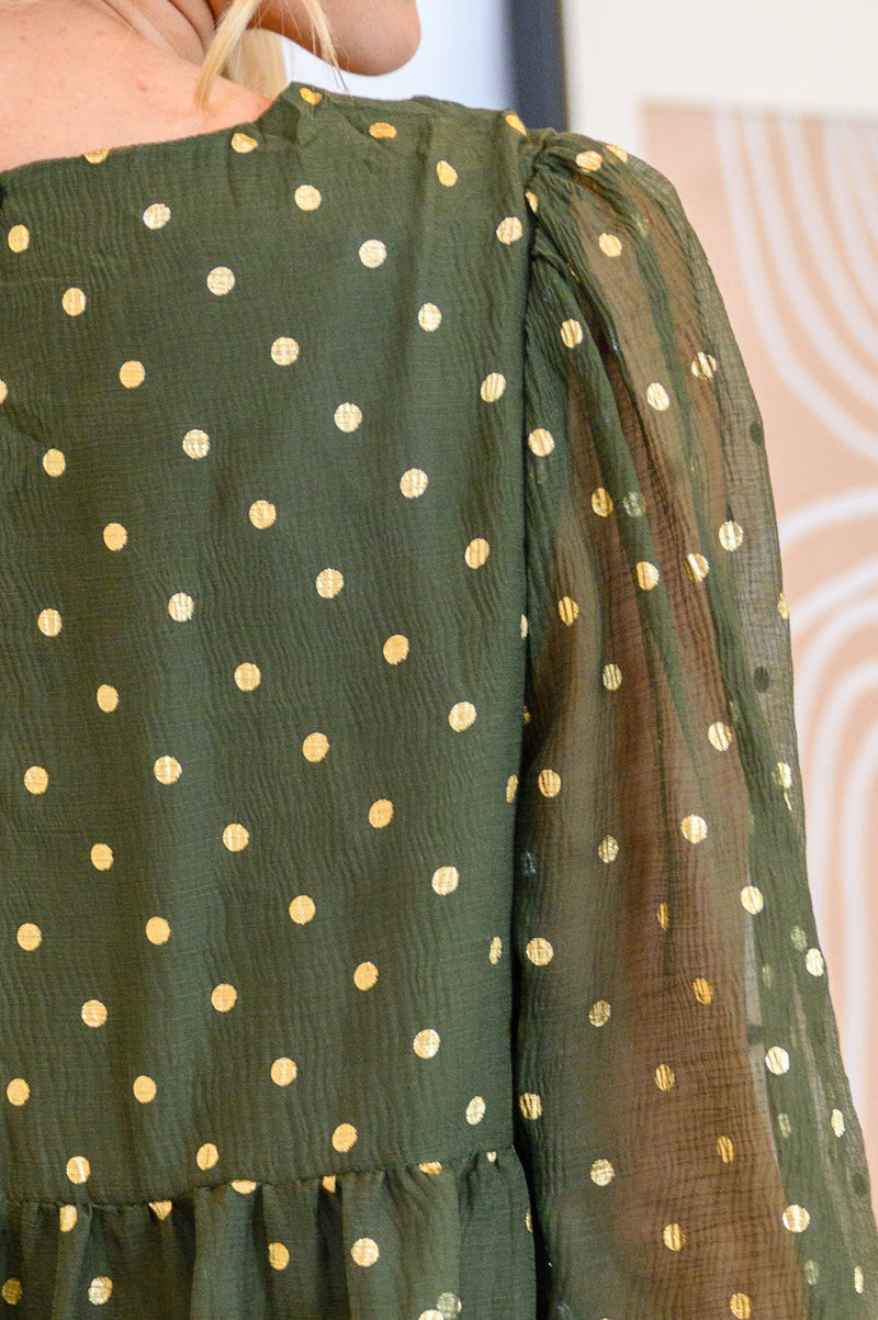 Coya Metallic Dot Tiered Blouse in Olive - Maple Row Boutique 