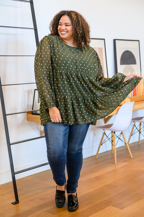 Coya Metallic Dot Tiered Blouse in Olive - Maple Row Boutique 