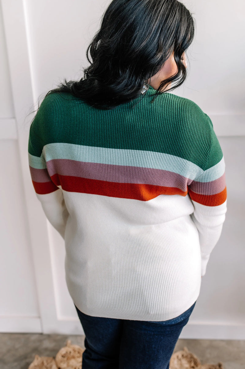 Striped Mock Neck Sweater in Cream, Green, Purple & Rust - Maple Row Boutique 