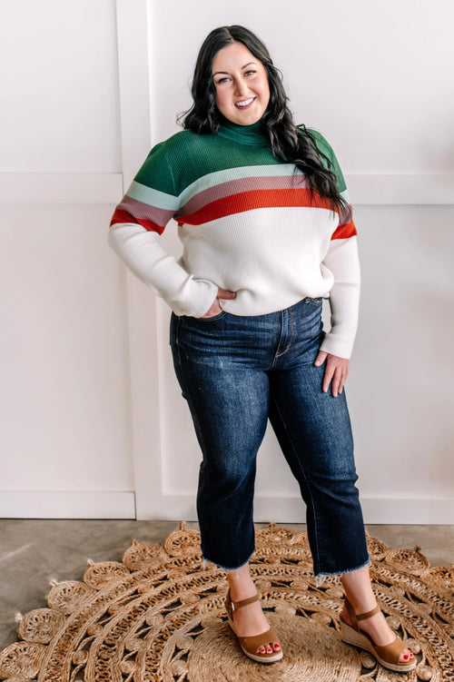 Striped Mock Neck Sweater in Cream, Green, Purple & Rust - Maple Row Boutique 