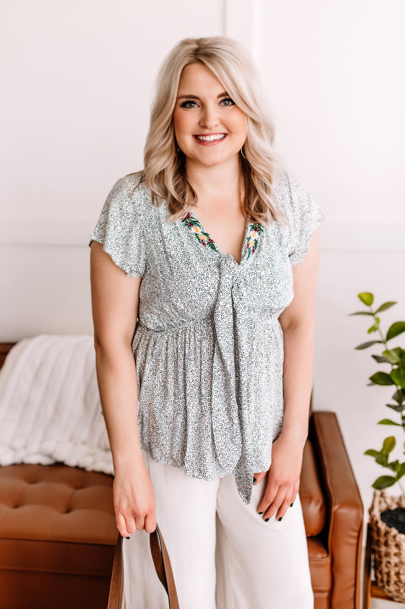 Take The Plunge Embroidered Micro Dot Blouse - Maple Row Boutique 
