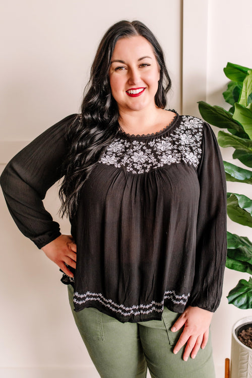 Savanna Jane Black Blouse With Floral Embroidery - Maple Row Boutique 