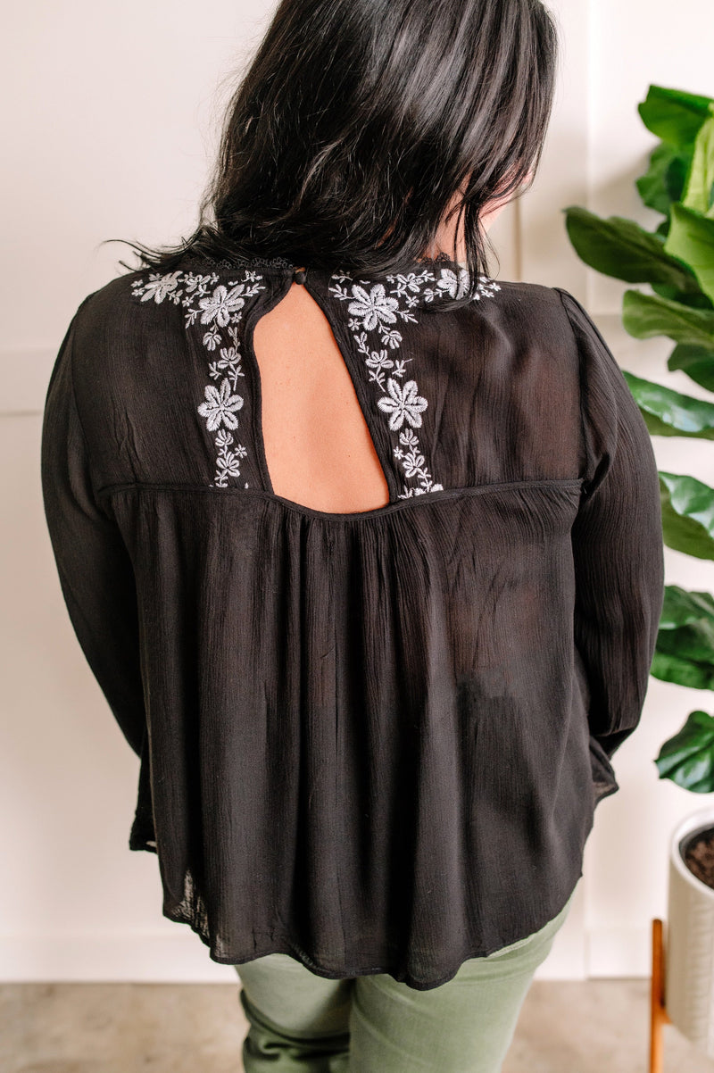 Savanna Jane Black Blouse With Floral Embroidery - Maple Row Boutique 