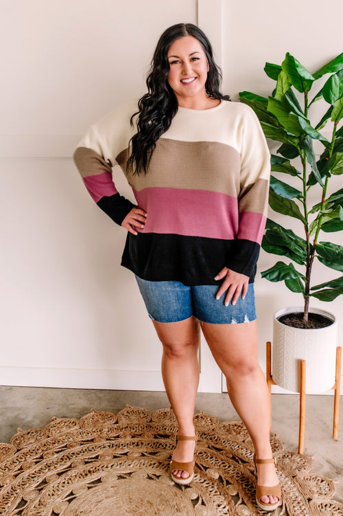Ivory, Mocha, Berry, & Black Color Block Sweater - Maple Row Boutique 