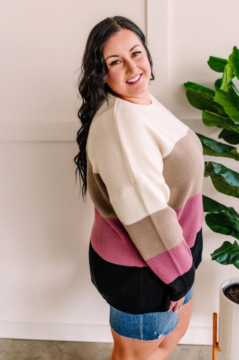 Ivory, Mocha, Berry, & Black Color Block Sweater - Maple Row Boutique 