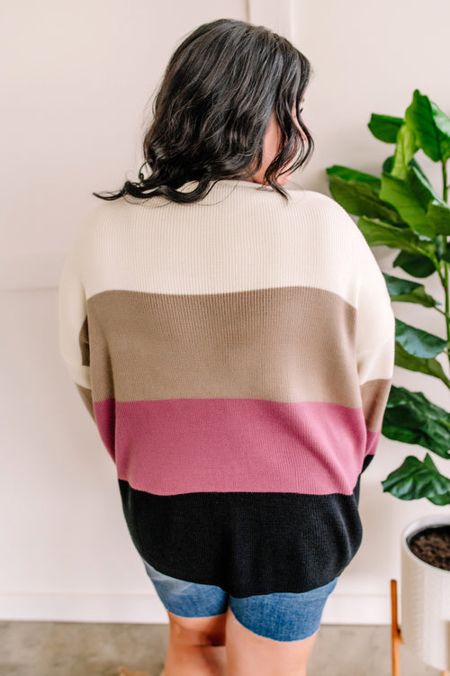Ivory, Mocha, Berry, & Black Color Block Sweater - Maple Row Boutique 