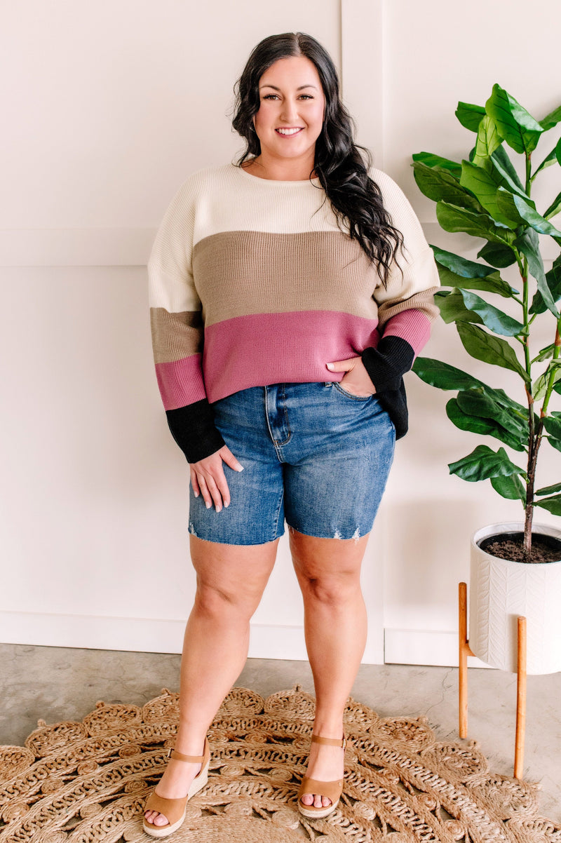 Ivory, Mocha, Berry, & Black Color Block Sweater - Maple Row Boutique 