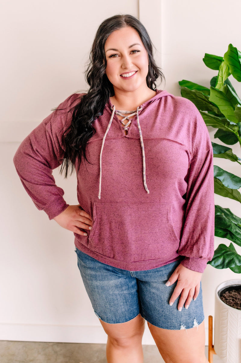 Berry Cashmere Hoodie With Animal Print Lace Up Detail - Maple Row Boutique 
