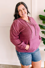 Berry Cashmere Hoodie With Animal Print Lace Up Detail - Maple Row Boutique 