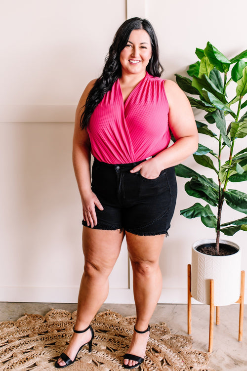 Crossover Sleeveless Bodysuit In Fuchsia - Maple Row Boutique 
