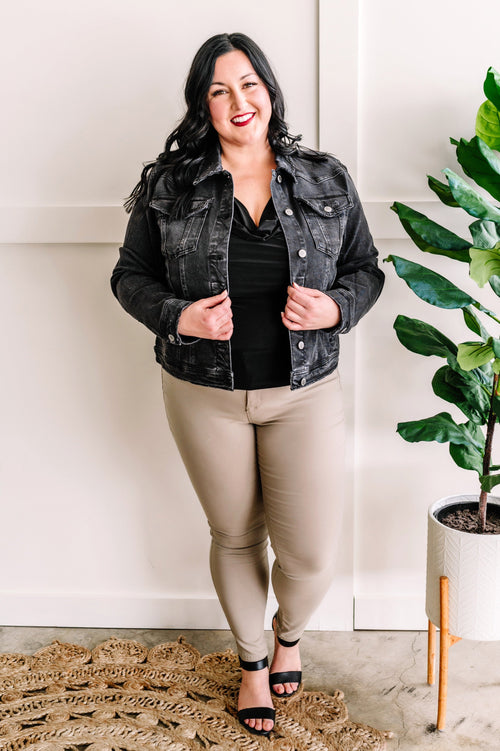 Denim Jacket By Risen In Washed Black - Maple Row Boutique 