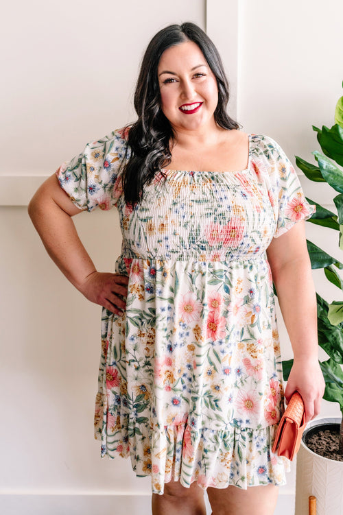 Tea Time Smocked Dress In Dainty Florals - Maple Row Boutique 