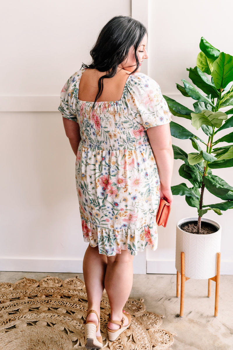 Tea Time Smocked Dress In Dainty Florals - Maple Row Boutique 