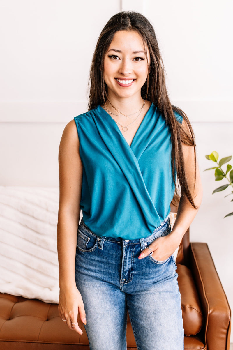 Crossover Bodysuit In Teal - Maple Row Boutique 