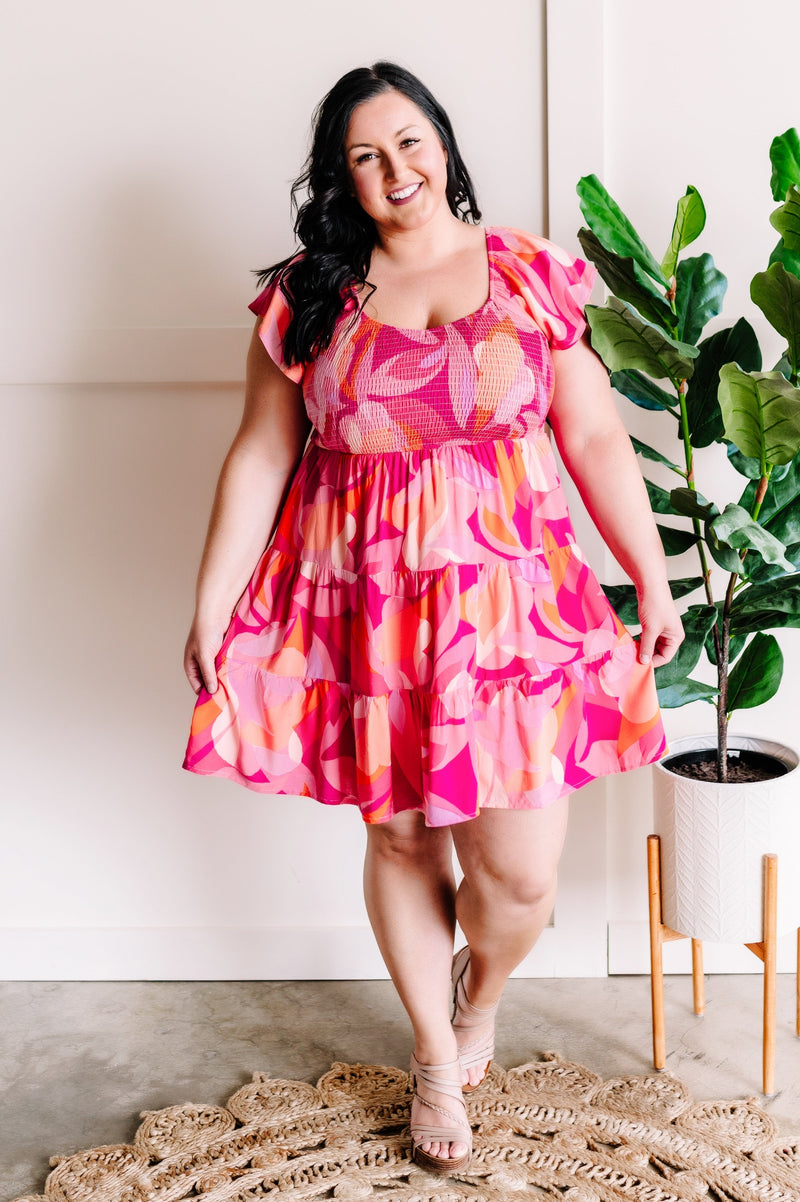 Smocked Midi Dress In Bright Disco Days - Maple Row Boutique 