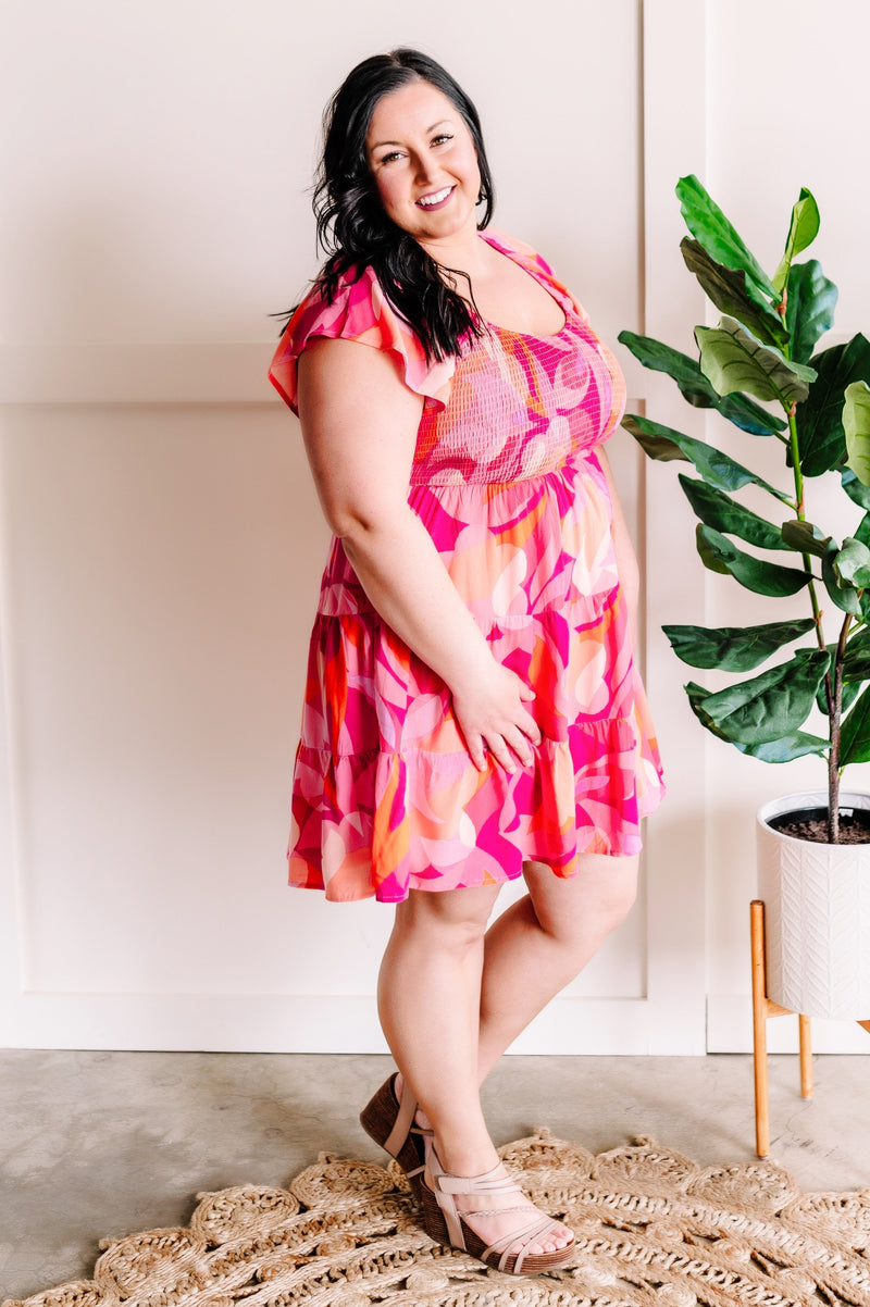 Smocked Midi Dress In Bright Disco Days - Maple Row Boutique 