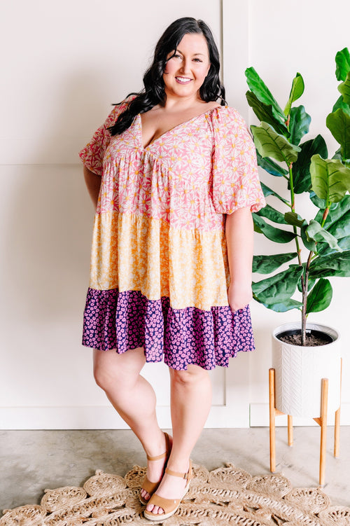 Daisy Tiered Patchwork Dress In Soft Pink Multi - Maple Row Boutique 