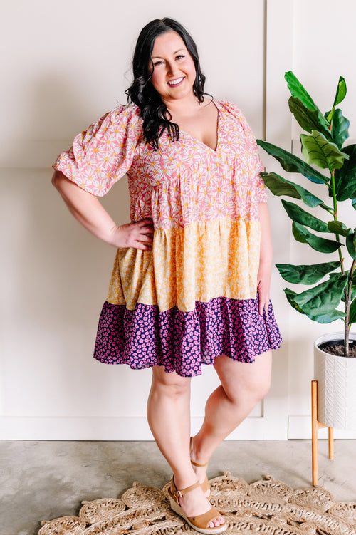 Daisy Tiered Patchwork Dress In Soft Pink Multi - Maple Row Boutique 