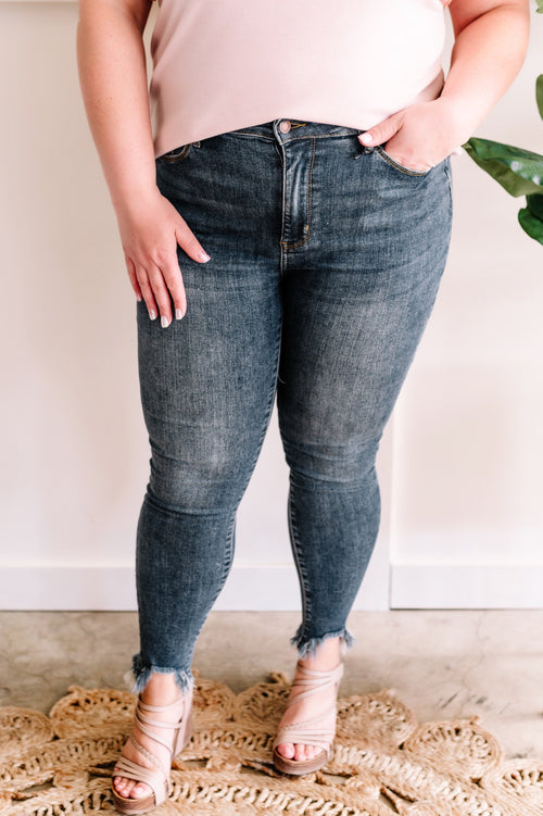 Mid Rise Shark Bite Hem Skinny Judy Blue Jeans - Maple Row Boutique 