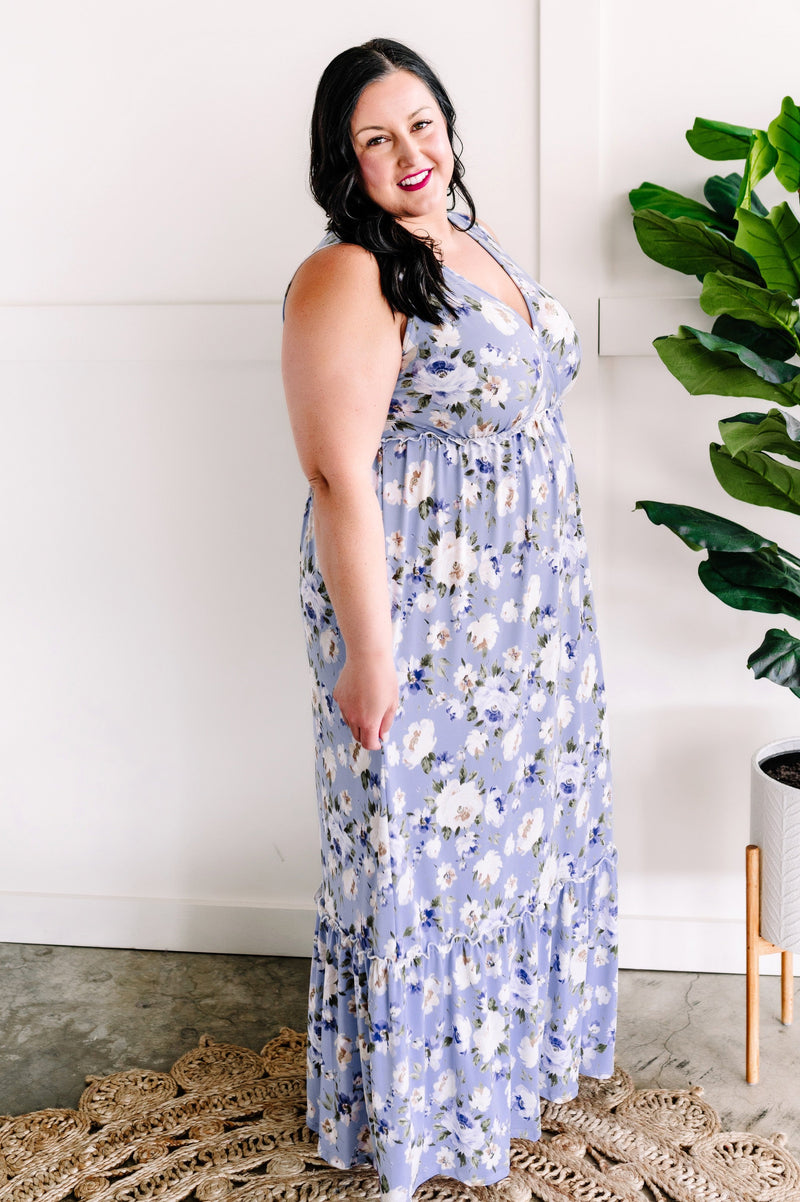 Sleeveless Maxi Dress In Blue Wildflower - Maple Row Boutique 