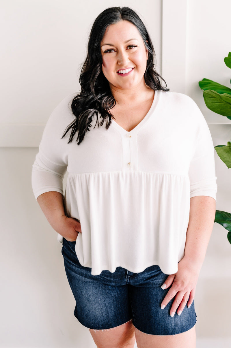 Decorative Button Baby Doll Sweater Top In Ivory - Maple Row Boutique 