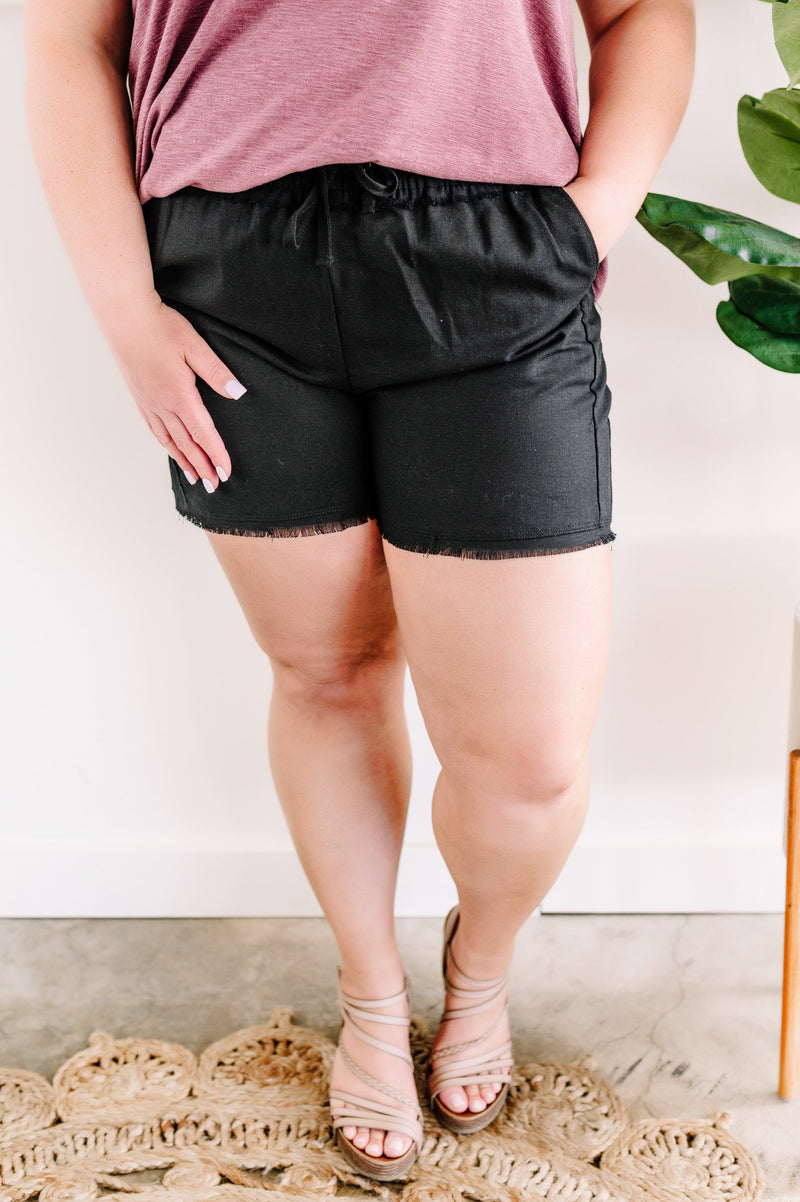 Summer Blend Drawstring Shorts In Black - Maple Row Boutique 