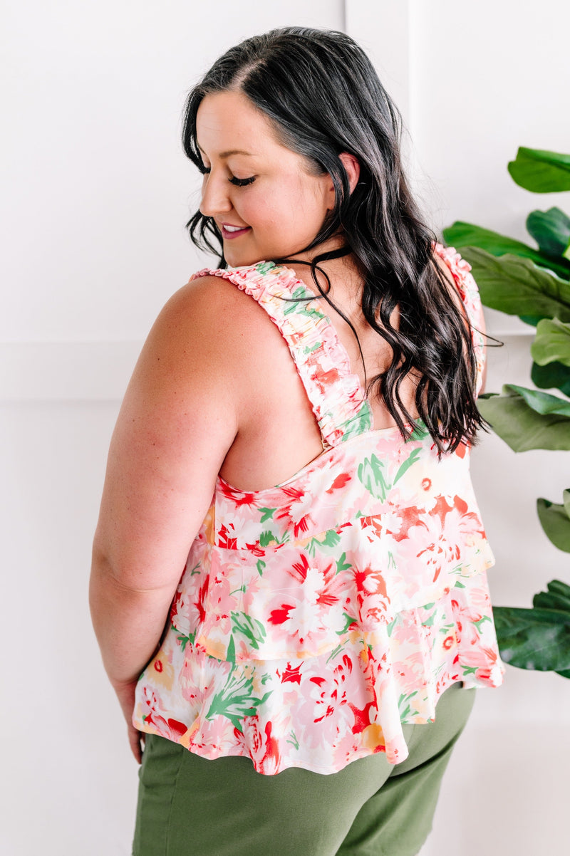 Layered, Tiered V Neck Sleeveless Top In Pink Florals - Maple Row Boutique 