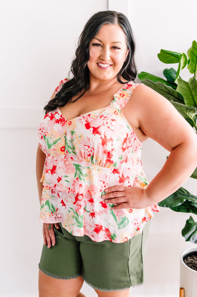 Layered, Tiered V Neck Sleeveless Top In Pink Florals - Maple Row Boutique 