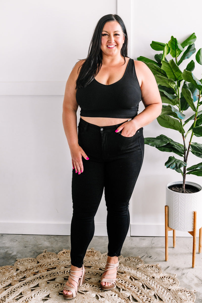 Distressed Hem Black Tummy Control Skinny Judy Blue Jeans - Maple Row Boutique 