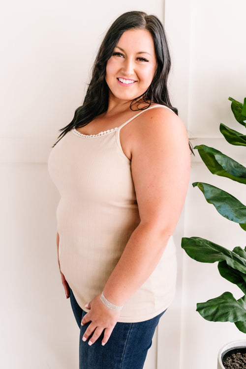 Crochet Front Knit Cami In Bohemian Beige - Maple Row Boutique 