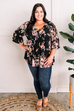 Bell Sleeve Babydoll Blouse In Black Garden Rose - Maple Row Boutique 