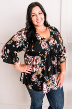 Bell Sleeve Babydoll Blouse In Black Garden Rose - Maple Row Boutique 